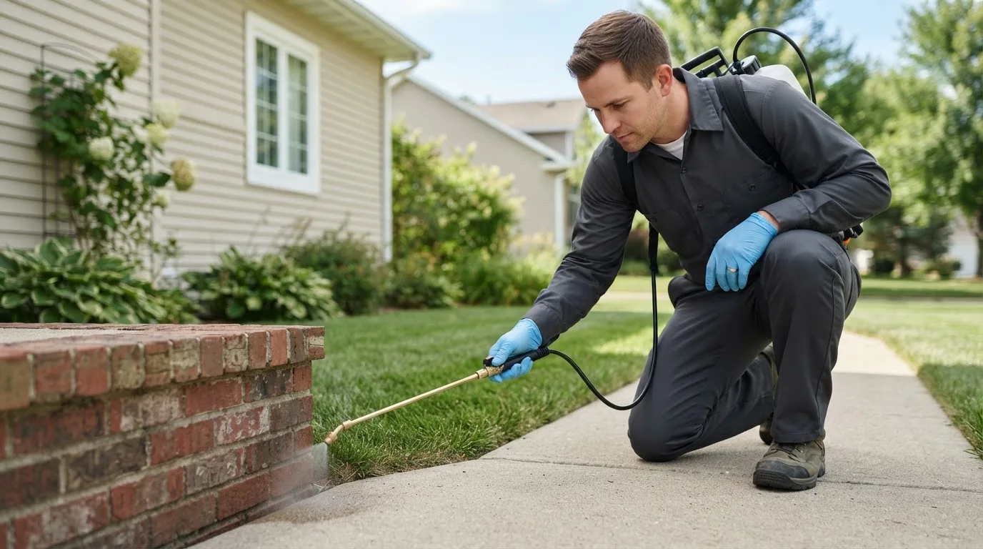 Pest control technician treating a home near Lansford, ND