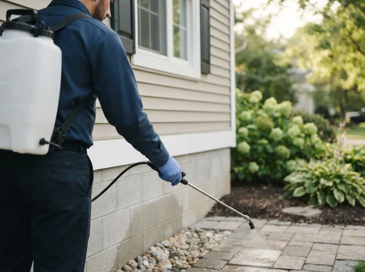 Pest control technician inspecting a home in Lansford, ND